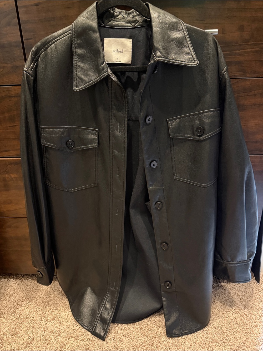 Wilfred Black Leather Shirt Jacket with Button Front